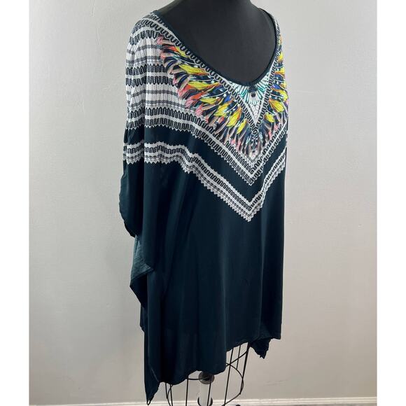 RED CARTER Black M/L Swim Cover Up Tunic Top Boho Peacock Scoop Neck 3/4 Sleeves - Picture 4 of 10